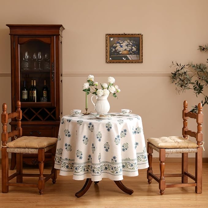 ISAENNE Designer White Linen Small Round Tablecloth, Chinoiserie Floral Elegant - Image 2