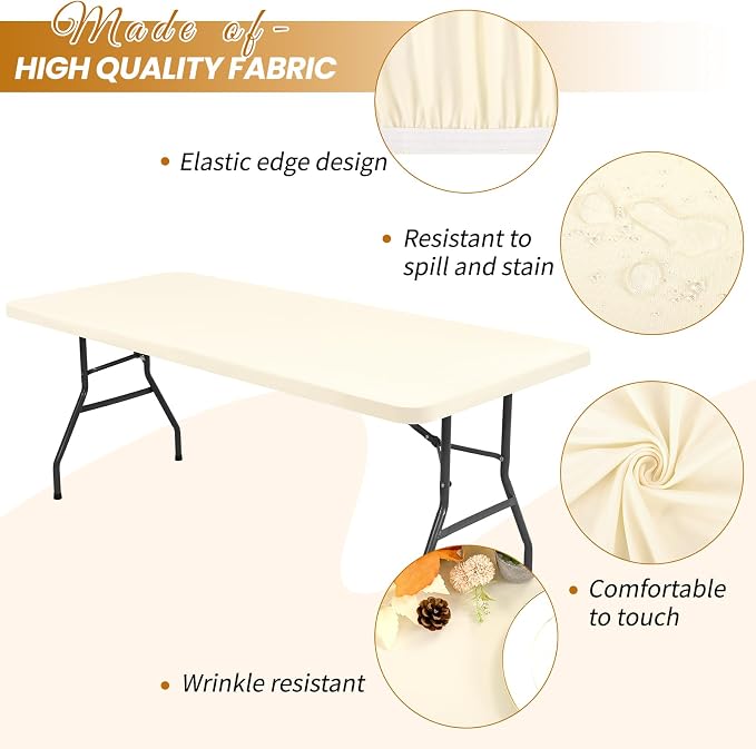 10 Pack Stretch Fabric Table Top Cap Cover, Ivory Table Covers fits 6Ft Tables - Image 3