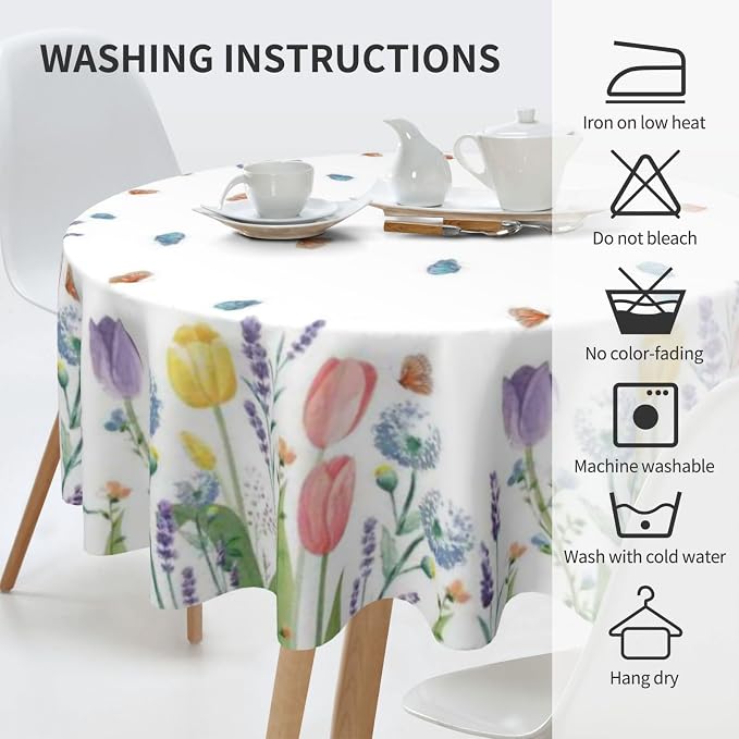 Spring Floral Round Tablecloth 70 Inch, Tulip Lavender Flower Decorative - Image 3