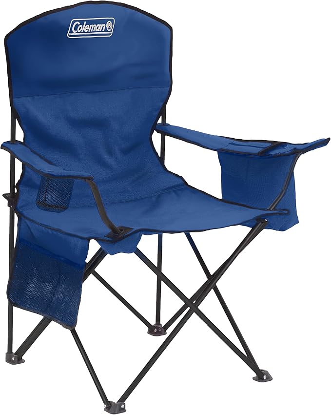 Camping Chair, Blue Folding Design with 4-Can Cooler and 325 lb Capacity