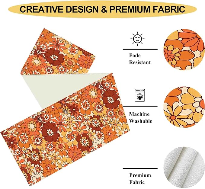 Orange Floral Table Runner, Retro Groovy 70s Hippie Floral Funky Cute Flower - Image 5