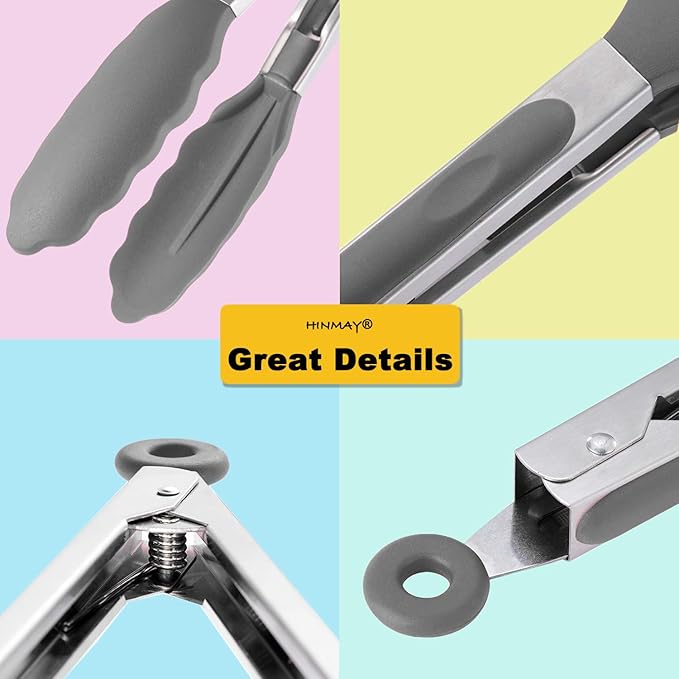 Tongs with Silicone Tips, 3-Pack, 9-Inch Stainless Steel, Gray