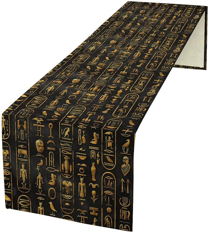 Egyptian Table Runner, Retro Egypt Mythology African Hieroglyphics Alphabet by Unknown