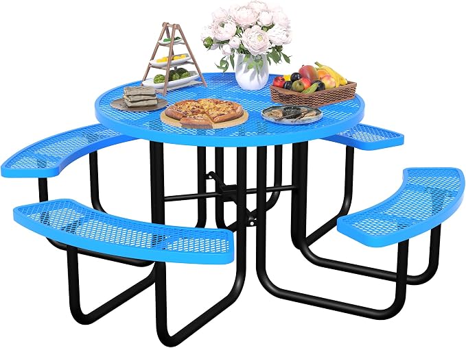 46'' Round Metal Picnic Table for Outdoors, Commercial Steel Metal Picnic Tables by MakeaGoodChoose