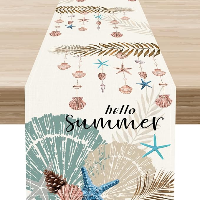 Nautical Coastal Table Runner, Rustic Starfish Seashells Tropical Leave Ocean by Unknown