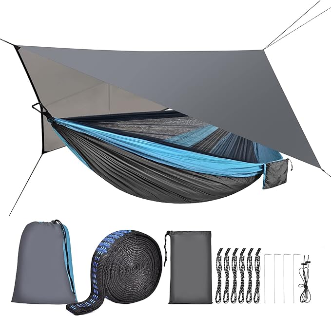 Camping Hammock with Attached Mosquito Netting and Rain Fly, Blue