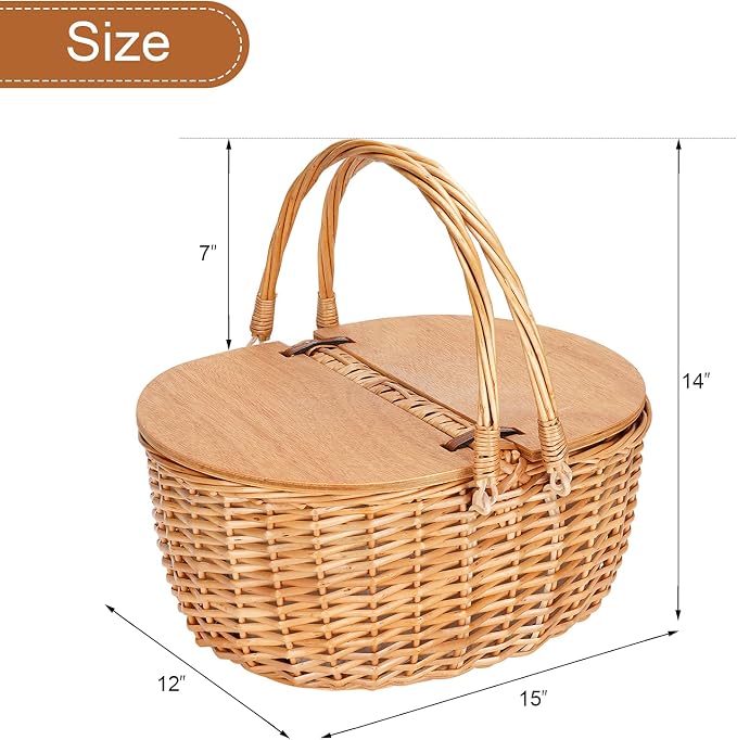 Wicker Picnic Basket with Cooler, Wooden Split Lid Picnic Basket, Vintage-Style - Image 7