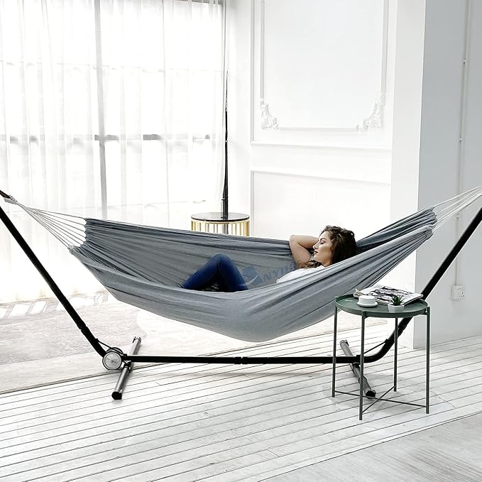 Hammock in Grey Cotton with Anti-Rollover Design, 106 x 59 Inch