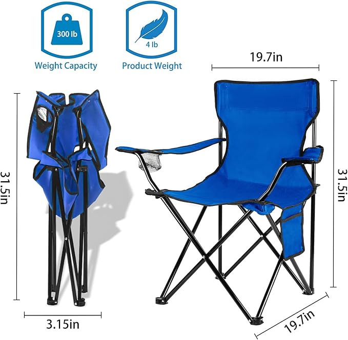 Camping Chairs 2-Pack Blue, 4 lb Folding Design, 300 lb Capacity