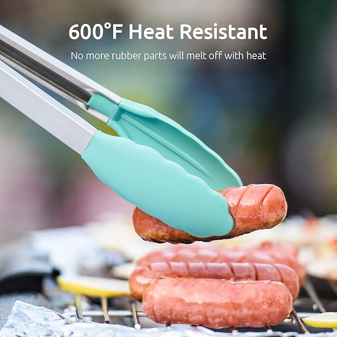 Tongs with 7, 9 and 12 Inch Lengths, Silicone Tips, Aqua Sky