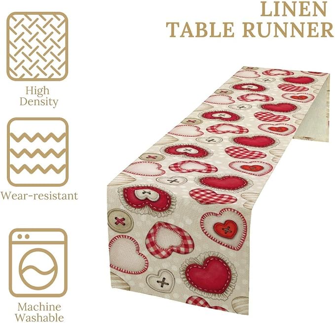 Red Heart Table Runner, Retro Rustic Beige Heart Buttons Polka Dot Valentines - Image 4