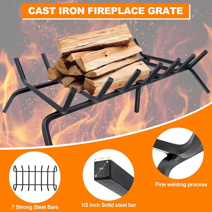 Fireplace Grate, Fireplace Log Holder, 30 inch Heavy Duty Solid Cast Iron - Image 4