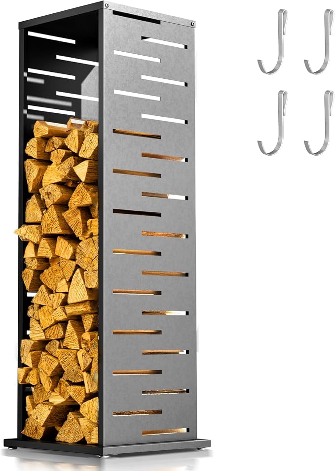 4ft Firewood Rack with Louver Pattern, Fire Wood Rack Log Holder with Hooks by Outdoorchairs