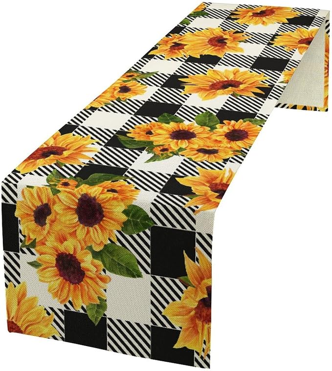 Yellow Sunflower Table Runner, Vintage Farmhouse Black White Sunshine by JanJCurt