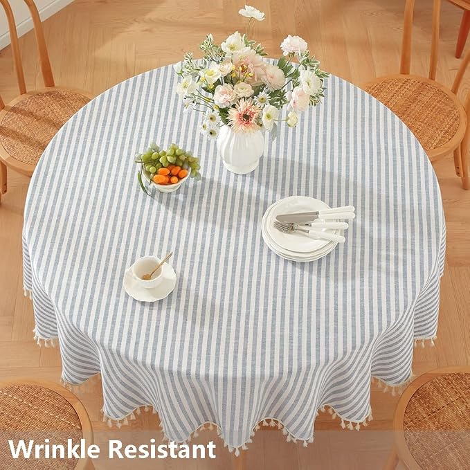 TruDelve 60 Inch Round Tablecloth Blue and White Striped Cloth Tablecloths - Image 2