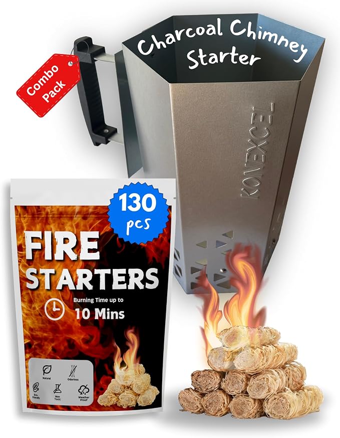 Charcoal Chimney Starter XL & Fire Starter set, Heavy Duty xl Charcoal Starter by KONEXCEL