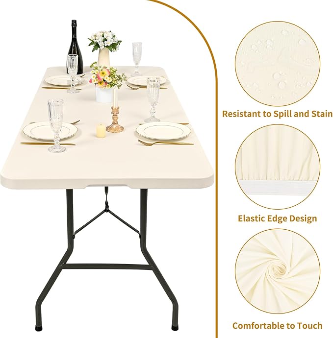 10 Pack Fitted Tablecloth for 6 Foot Rectangle Tables, Ivory Elastic Outdoor - Image 3