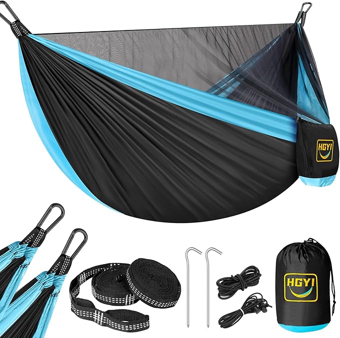 Hammock with Mosquito Net, Black & Blue Nylon, 114 x 57 Inch