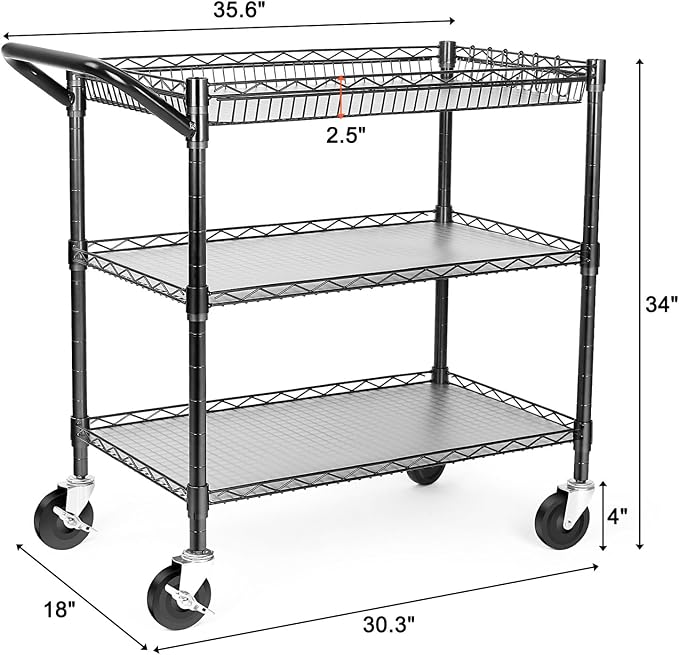 Heavy Duty Utility Cart, 990Lbs Capacity 3 Tier Rolling Carts - Image 6