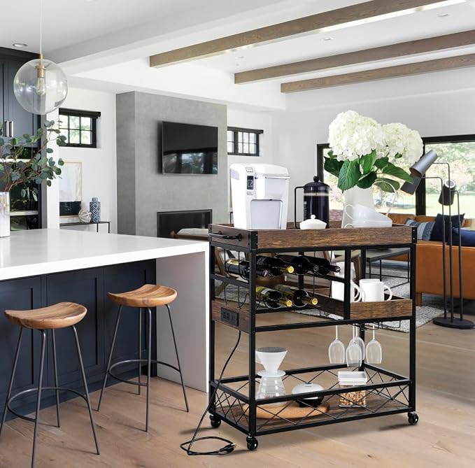Bar Cart with Power Outlet, Industrial Kitchen Serving Cart with Wine Rack & - Image 5