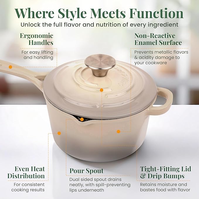 Saucepan with Lid, 2.2 Quart Enameled Cast Iron, Stone Finish