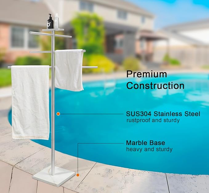 Marble Base Hot Tub Towel Rack for Spa, 304 Stainless Steel 6 Arms Standing - Image 2