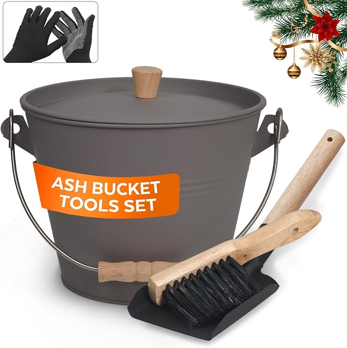 Small Ash Bucket with Lid and Shovel, Metal Fireplace Ash Bucket with Broom by WelcometoMinimalisthome
