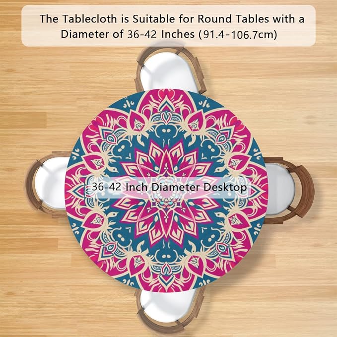 Beautiful Flower Mandala Round Table Cloth Cover, Elastic Edge Waterproof - Image 2