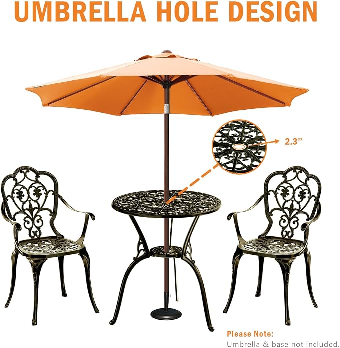 Patio Bistro Set of 2, Cast Aluminum, Outdoor Set w/Umbrella Hole, 3 Piece - Image 5