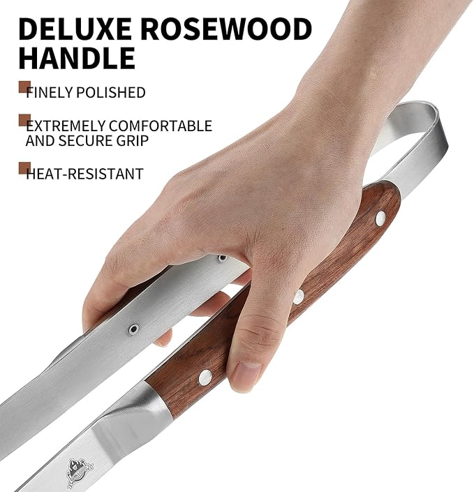 GRILLGEN Heavy Duty Rosewood Handle BBQ Grill Tongs, 16.73" Long Premium BBQ - Image 6