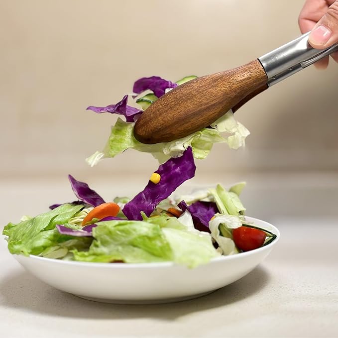 Tongs with Wood Tips, Stainless Steel Handle, 15-Inch Natural Retro Design