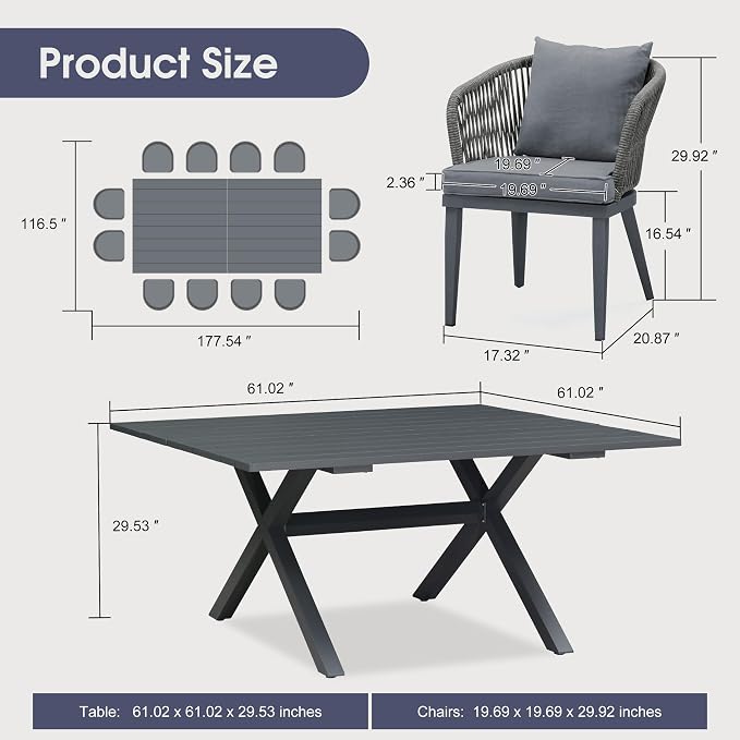 PURPLE LEAF 14 Pieces Patio Dining Set Wicker Outdoor Furniture Oversize - Image 9