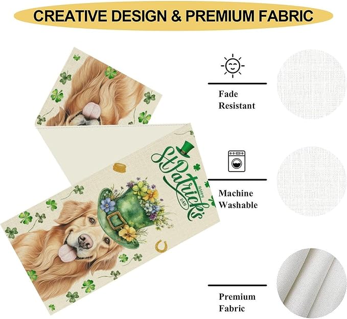 St.Patrick's Day Table Runner, Sharmrock Dog Hat Golden Retriever Beige Rustic - Image 5