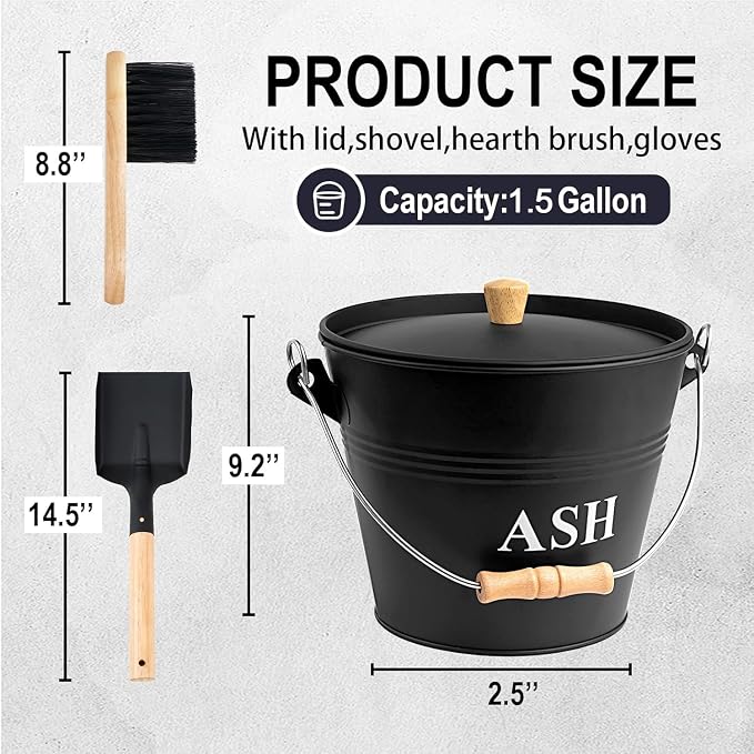 Ash Bucket with Lid Shovel and Hand Broom, 1.5 Gallon Fireplace Metal Bucket - Image 2