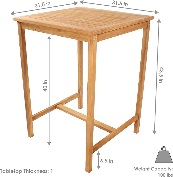 Sunnydaze 2-Person Solid Teak Wood Square Patio Bar Table - Image 3