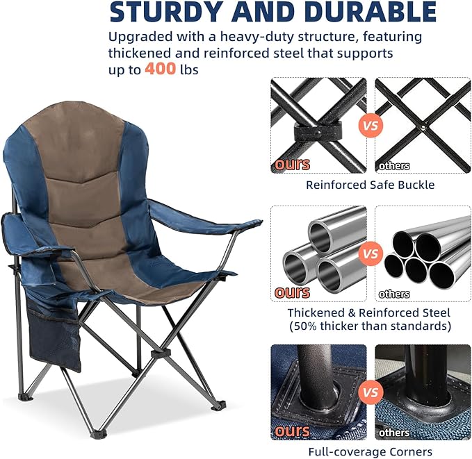 Folding Camping Chairs, Set of 2, Blue and Brown, 400lb Capacity