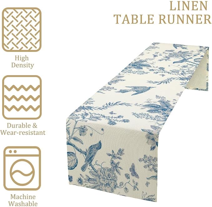 Spring Flower Table Runner, Farmhouse Vintage Blue White Floral Bird Print - Image 4