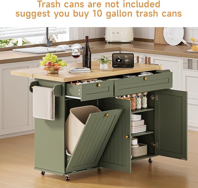 60" Kitchen Island with Power Outlet & Drop Leaf, Kitchen Rolling Island with - Image 6