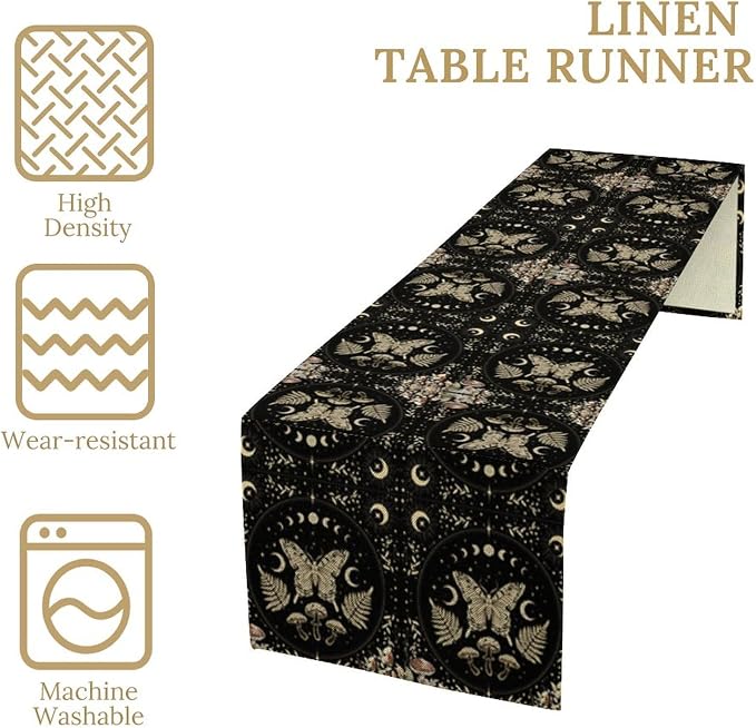 Mushroom Moth Table Runner, Vintage Boho Moon Autumn Seasonal Table Runner - Image 5