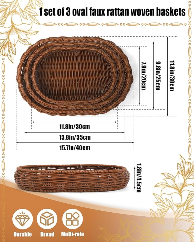 Woven Bread Basket, 3 Pack Wicker Fruit Baskets Rattan Bread Basket Poly Wicker - Image 2