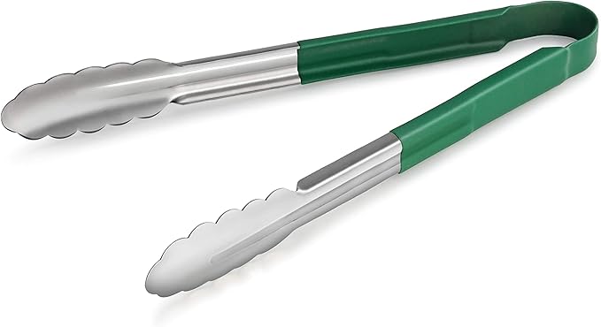Tongs for Serving, Stainless Steel with Green Vinyl-Coated Handles