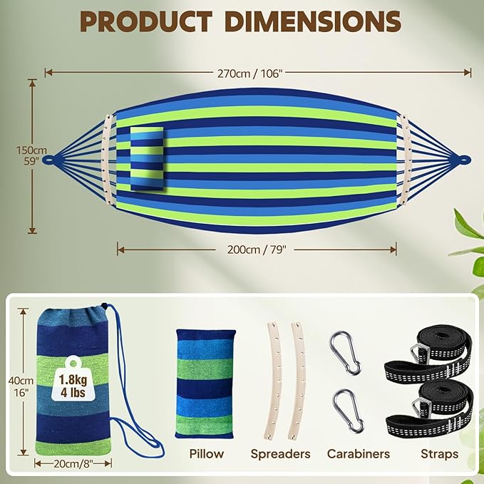Hammock with Pole, Cotton Camping Hammock in Blue Green Stripes
