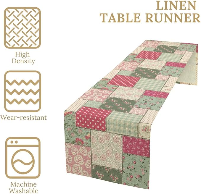 Patchwork Flowers Table Runner, Boho Plaid Floral Retro Romantic Rose Plants - Image 6