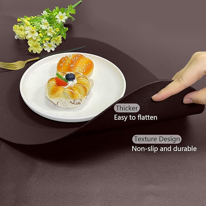 Herda Brown Placemats Set of 6 Round Faux Leather Non-Slip Place Mats Wipeable - Image 4