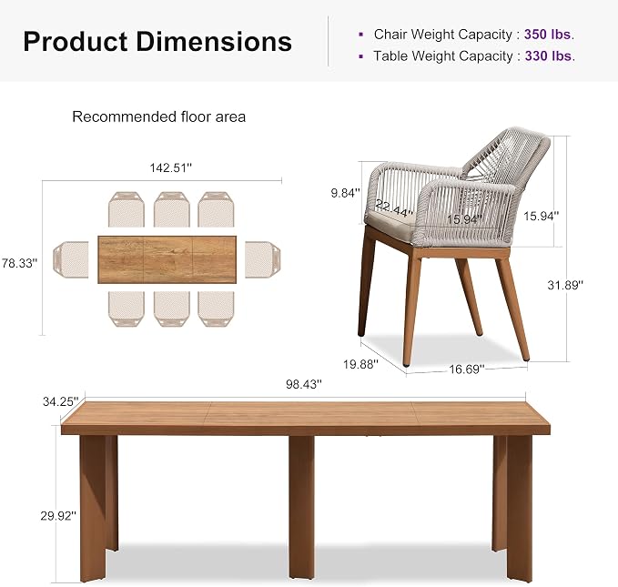 PURPLE LEAF 9 Pieces Patio Dining Set Aluminum Rectangular Table and Rattan Arm - Image 9