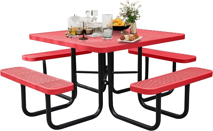 46'' Square Metal Picnic Table for Outdoors, Commercial Steel Metal Picnic by MakeaGoodChoose