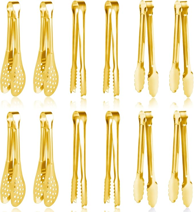Serving Tongs 12-Piece Set, 5-Inch Gold Stainless Steel Mini Tongs