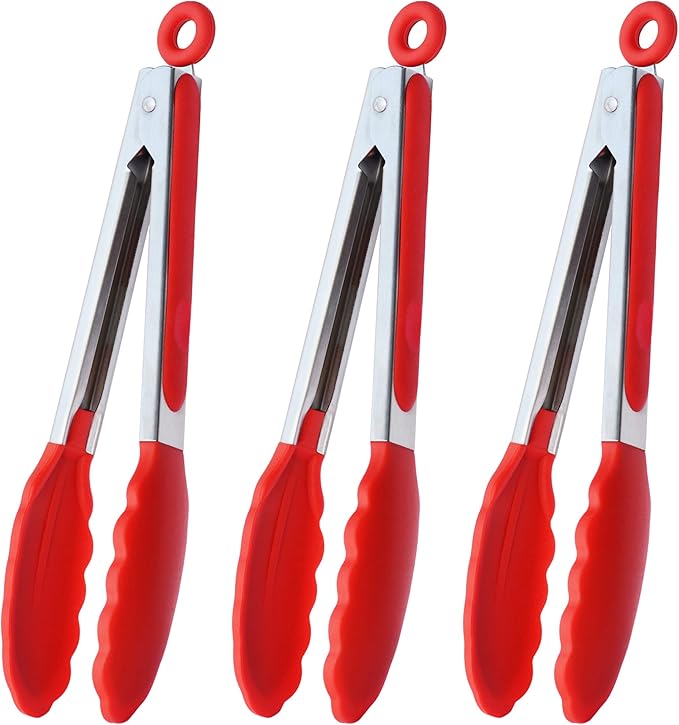 Tongs 3-Pack, 9-Inch Red Silicone with Stainless Steel Locking Ring