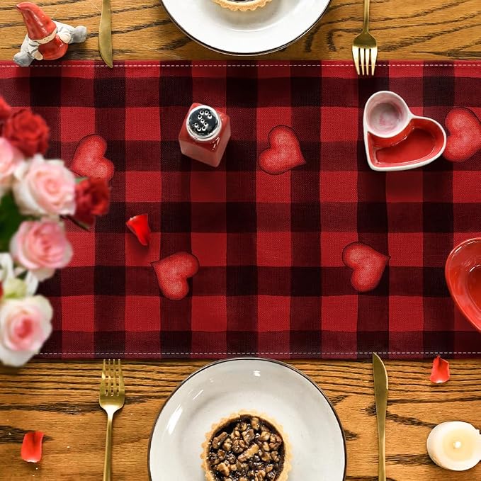 Artoid Mode Red Black Buffalo Plaid Heart Gnomes Love Valentine's Table Runner - Image 7