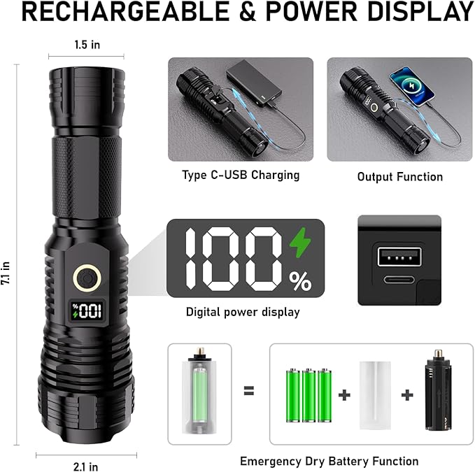 Flashlights High Lumens Rechargeable, 10000LM LED Super Bright Flash Light - Image 3